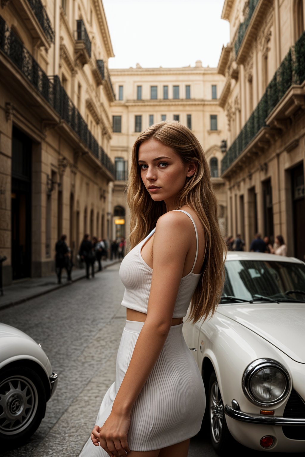 stylish and chic  woman in Milan wearing high fashion attire in front of a classic Italian café