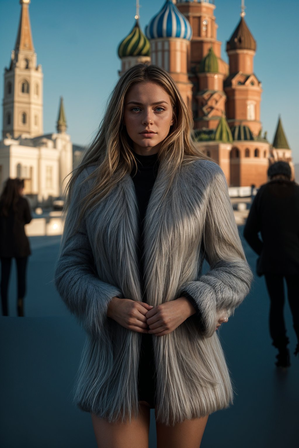 stylish and chic  woman in Moscow wearing a faux fur coat, Kremlin in the background