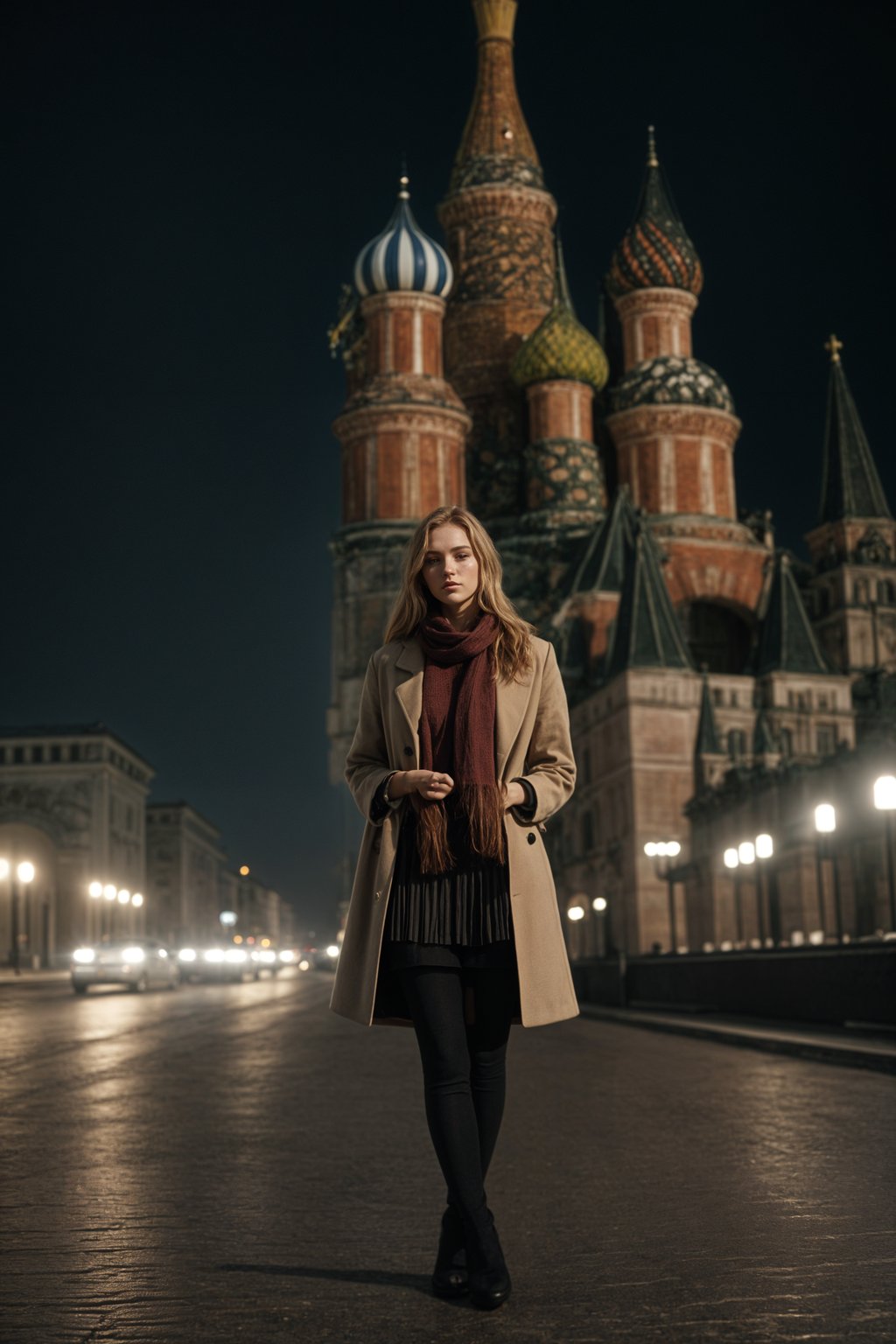 stylish and chic  woman in Moscow wearing a stylish coat and scarf, Saint Basil's Cathedral in the background