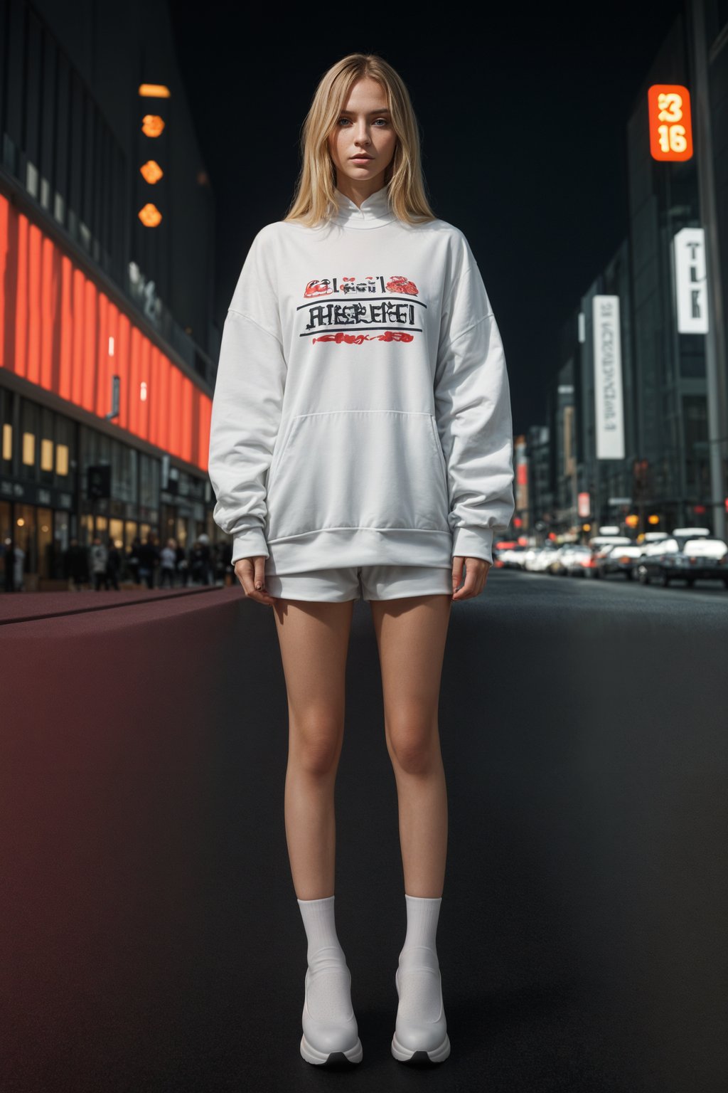 stylish and chic  woman in Shanghai wearing a contemporary streetwear outfit, Nanjing Road in the background