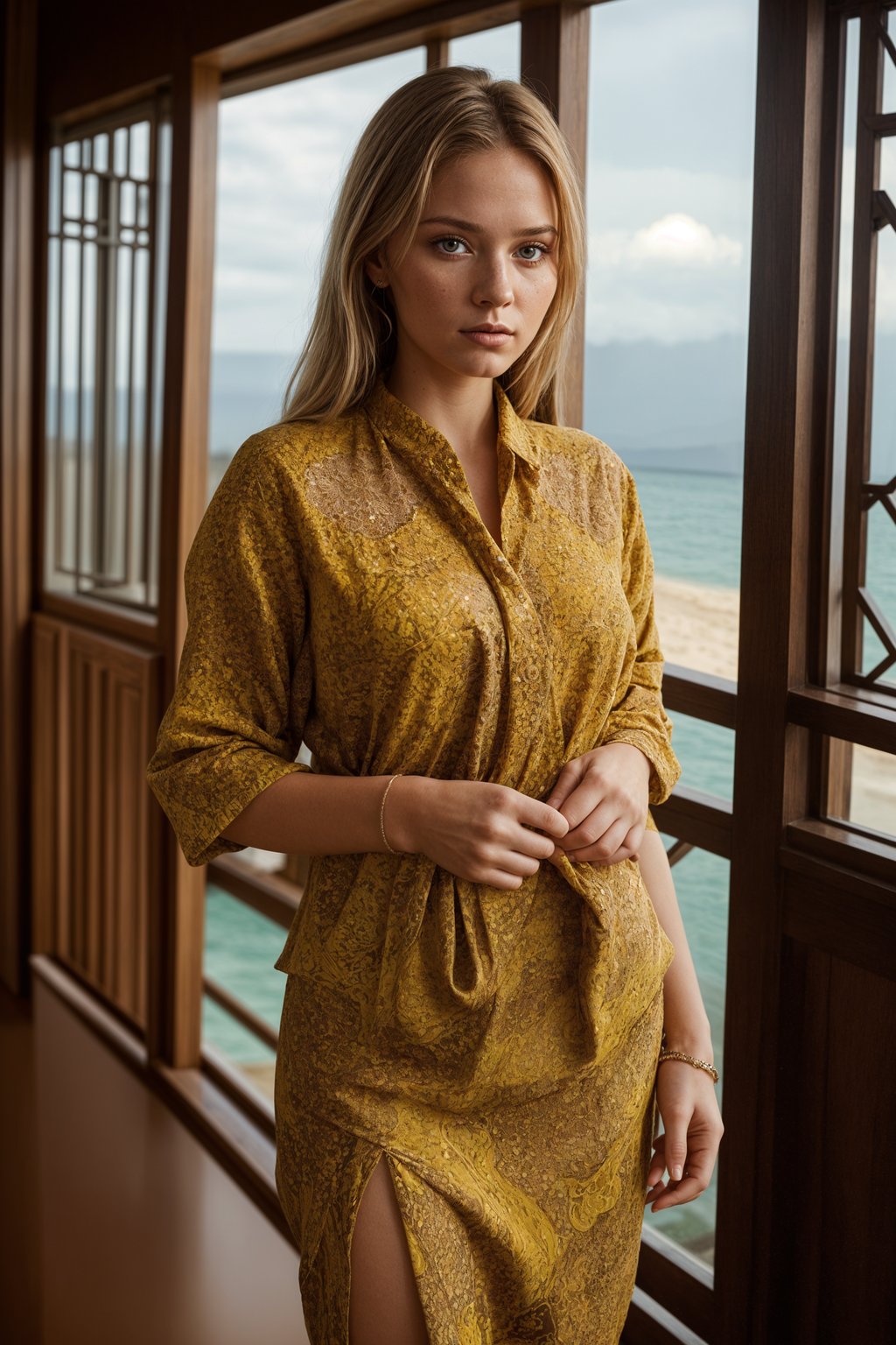 stylish and chic  woman in Bali wearing vibrant Batik clothes, Bali, Indonesia in the background