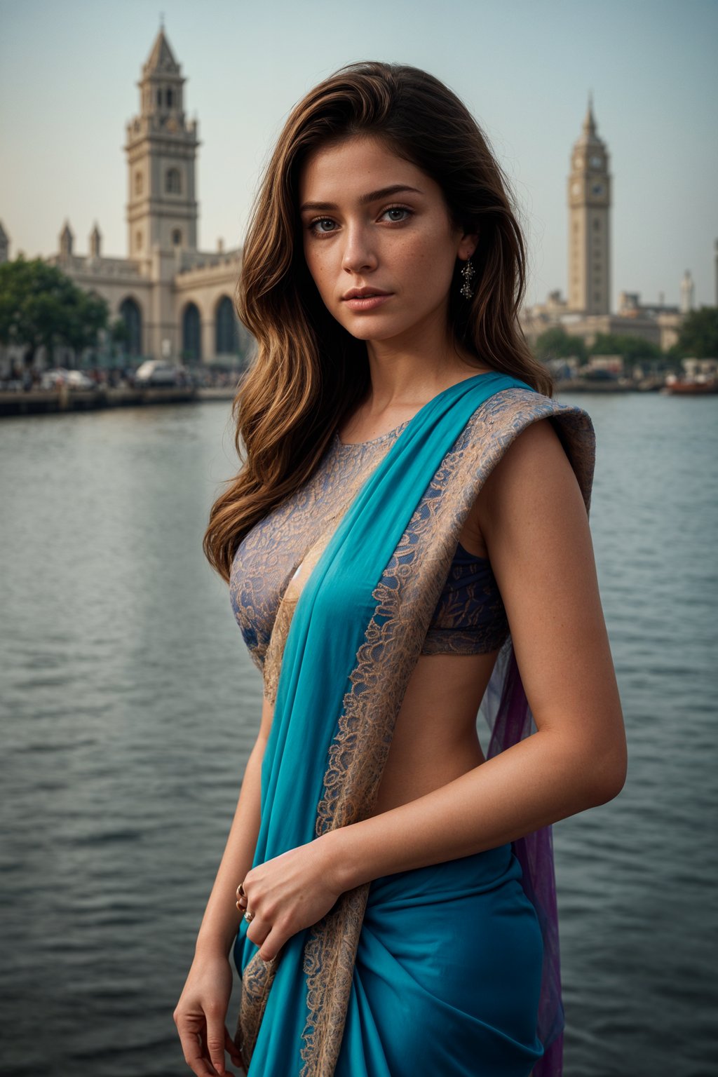 stylish and chic  woman in Mumbai wearing a vibrant saree/kurta, Gateway of India in the background