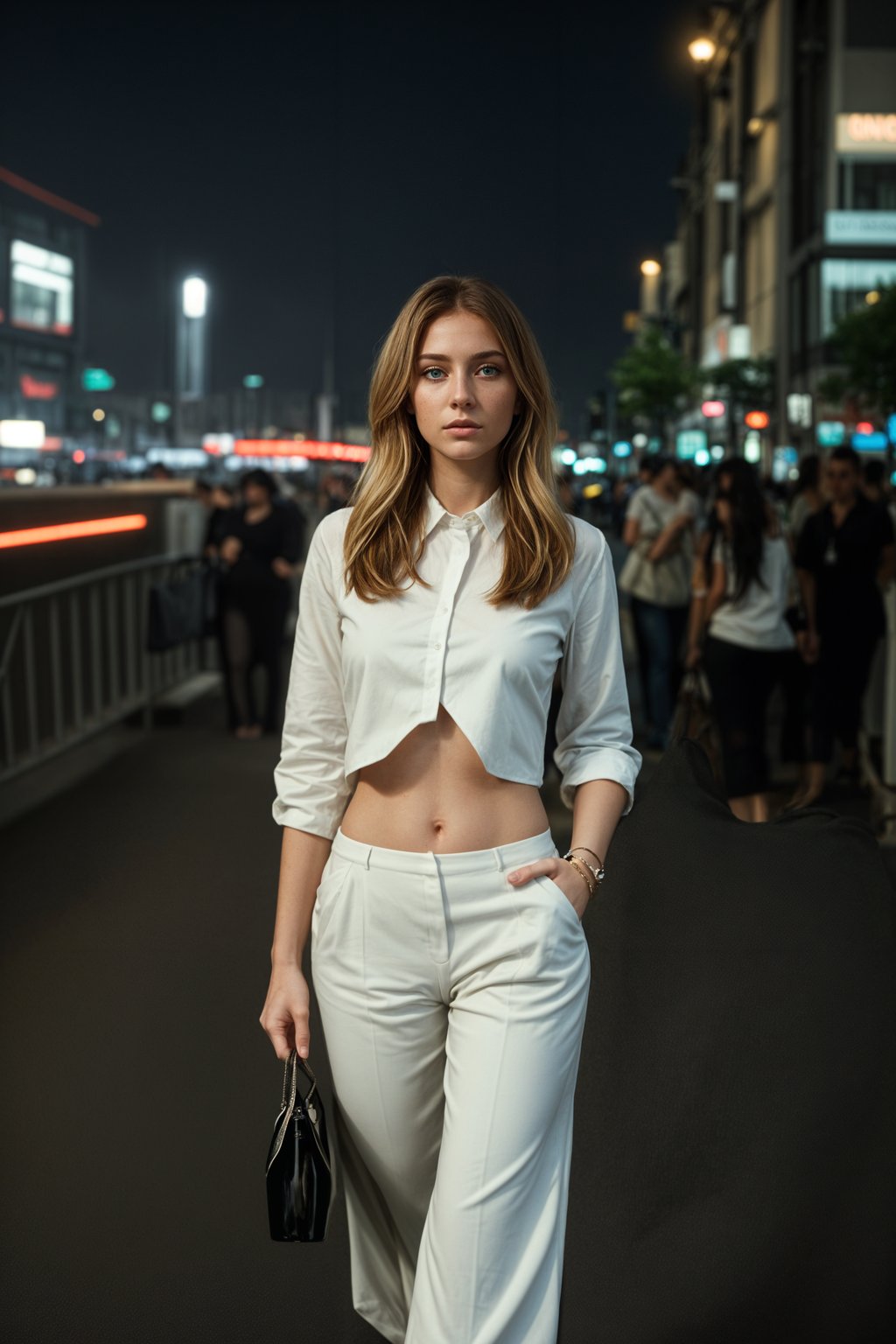 stylish and chic  woman in Mumbai wearing a contemporary fusion outfit, bustling streets of Mumbai in the background