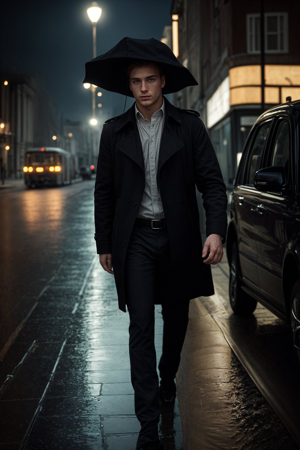 sharp and trendy man in London sporting a trench coat and holding an umbrella, iconic London cab in the background