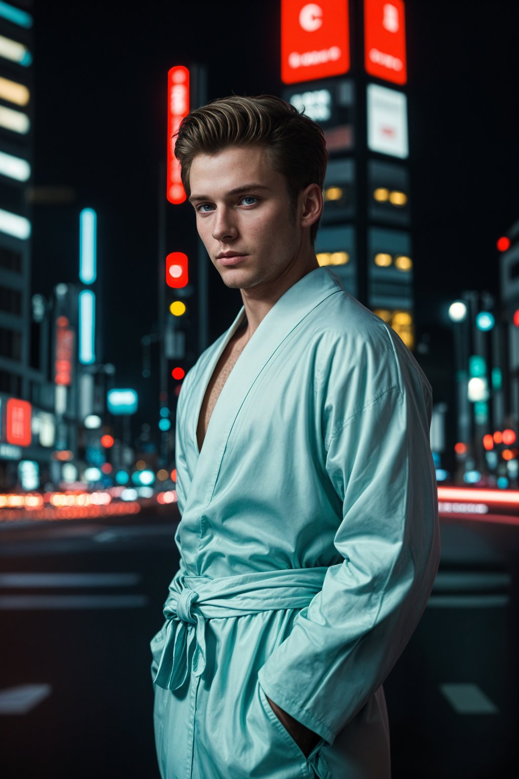 sharp and trendy man in Tokyo wearing a modern take on a traditional kimono, neon lights of the city in the background