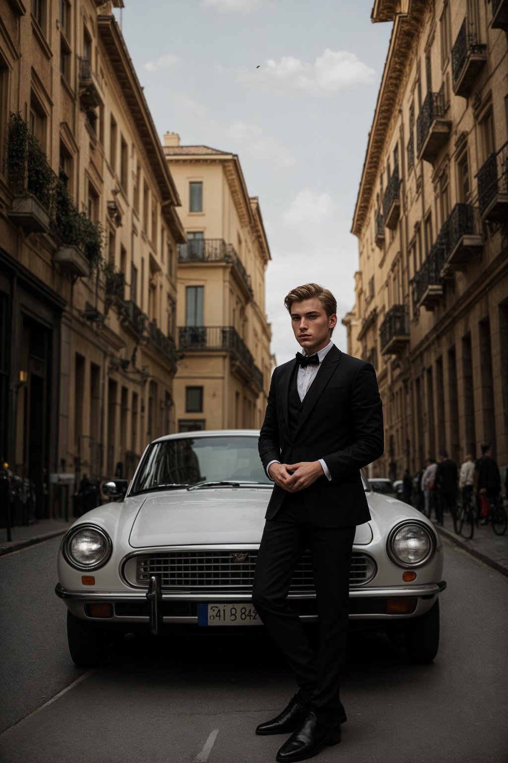 sharp and trendy man in Milan wearing high fashion attire in front of a classic Italian café