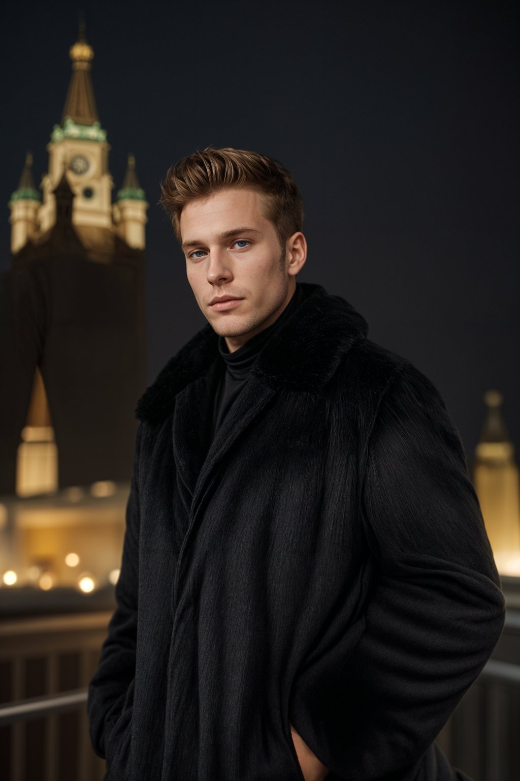 sharp and trendy man in Moscow wearing a faux fur coat, Kremlin in the background