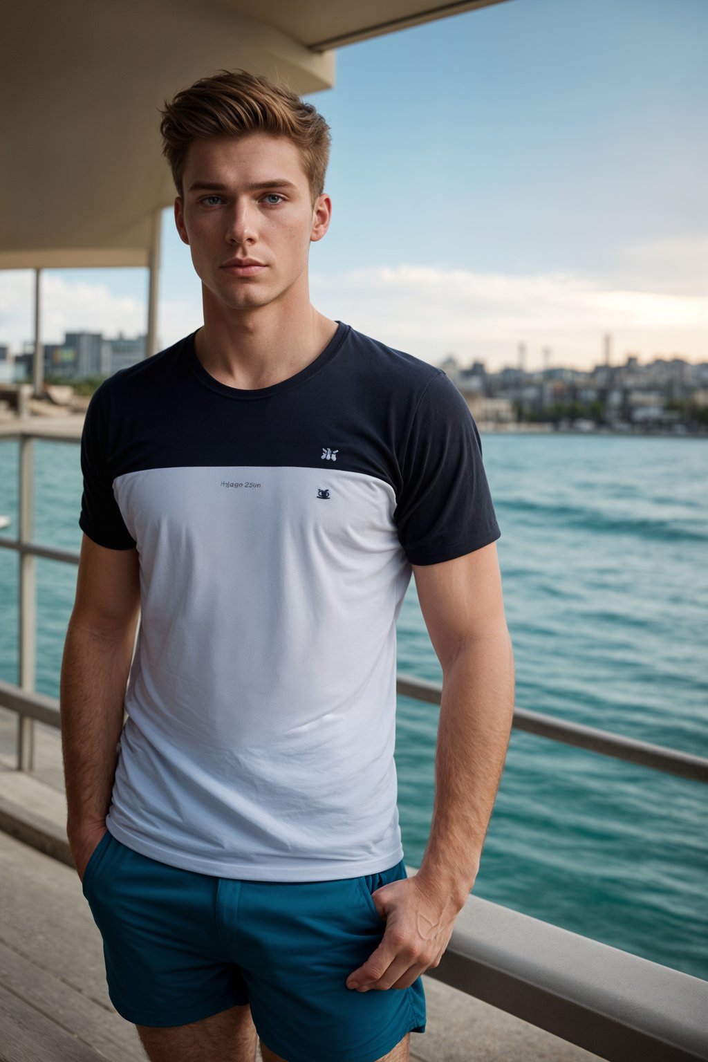 sharp and trendy man in Sydney wearing a summer dress/shorts and t-shirt, Bondi Beach in the background