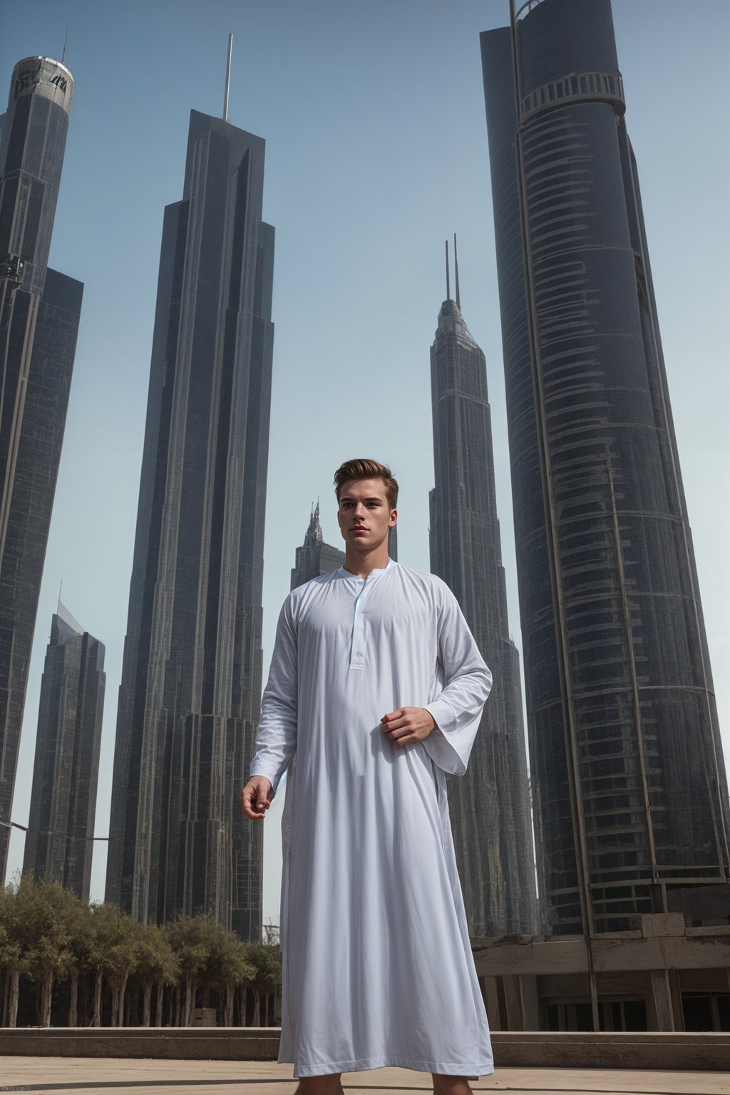 sharp and trendy man in Dubai wearing a modern, chic abaya/thobe, skyscrapers of Dubai in the background