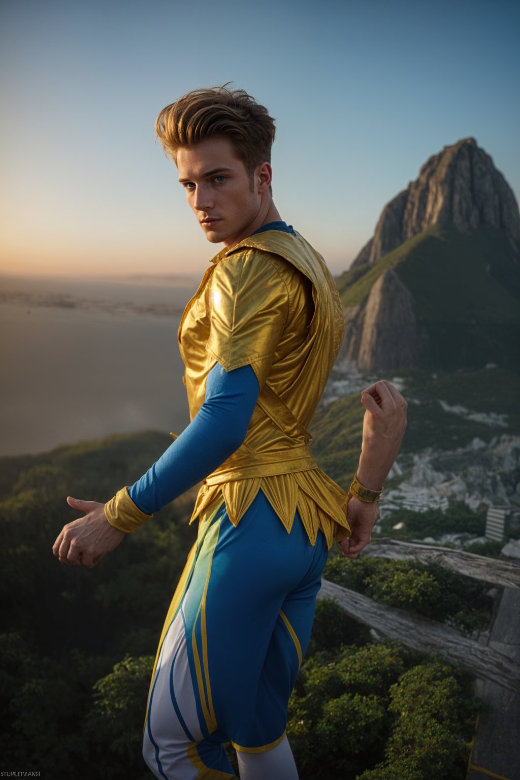 sharp and trendy man in Rio de Janeiro wearing a vibrant carnival-inspired costume, Christ the Redeemer statue in the background