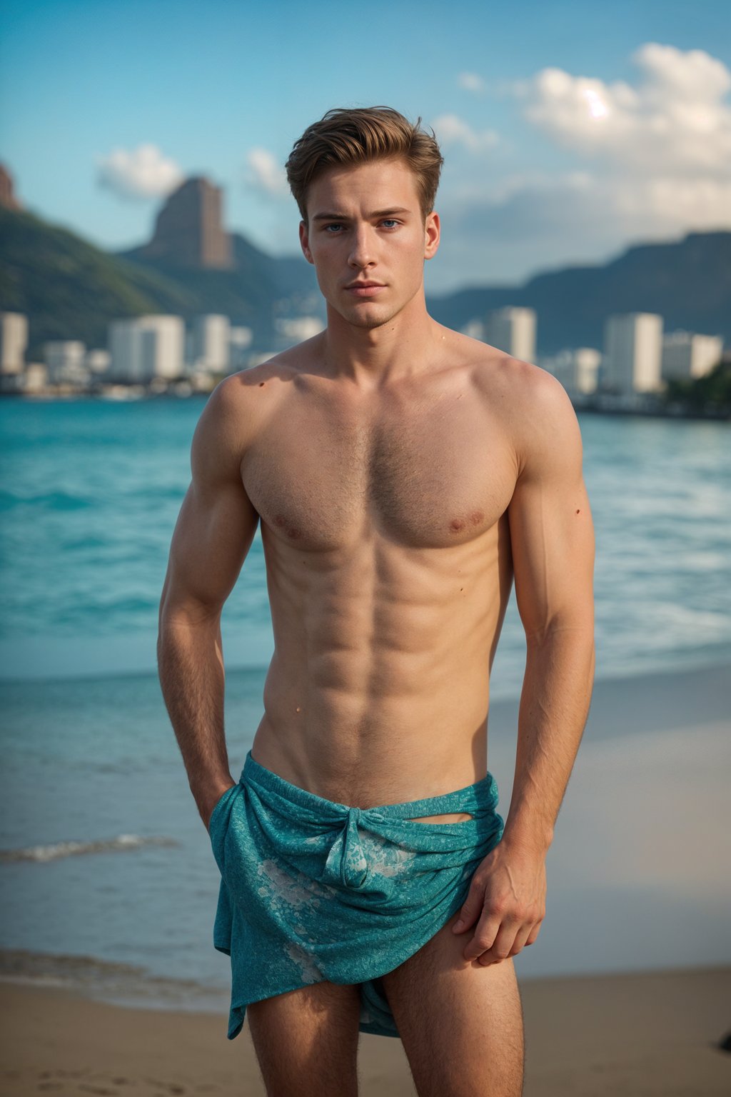 sharp and trendy man in Rio de Janeiro wearing a trendy swimsuit and sarong, Copacabana Beach in the background