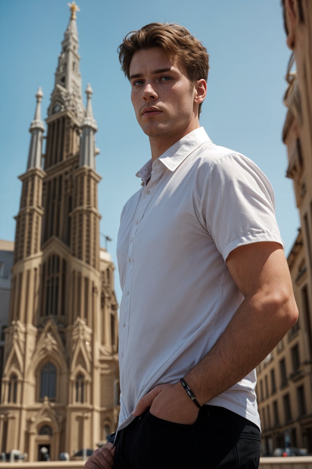 sharp and trendy man in Barcelona wearing a stylish summer outfit, La Sagrada Família in the background