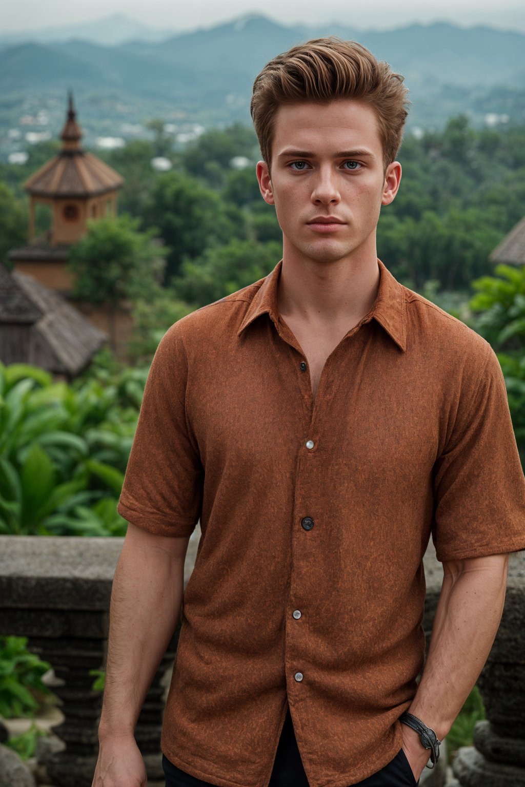 sharp and trendy man in Bali wearing vibrant Batik clothes, Bali, Indonesia in the background