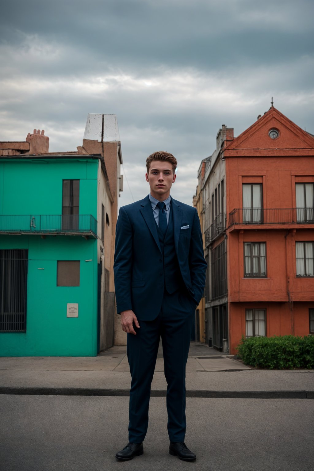 sharp and trendy man in Buenos Aires wearing a tango-inspired dress/suit, colorful houses of La Boca neighborhood in the background