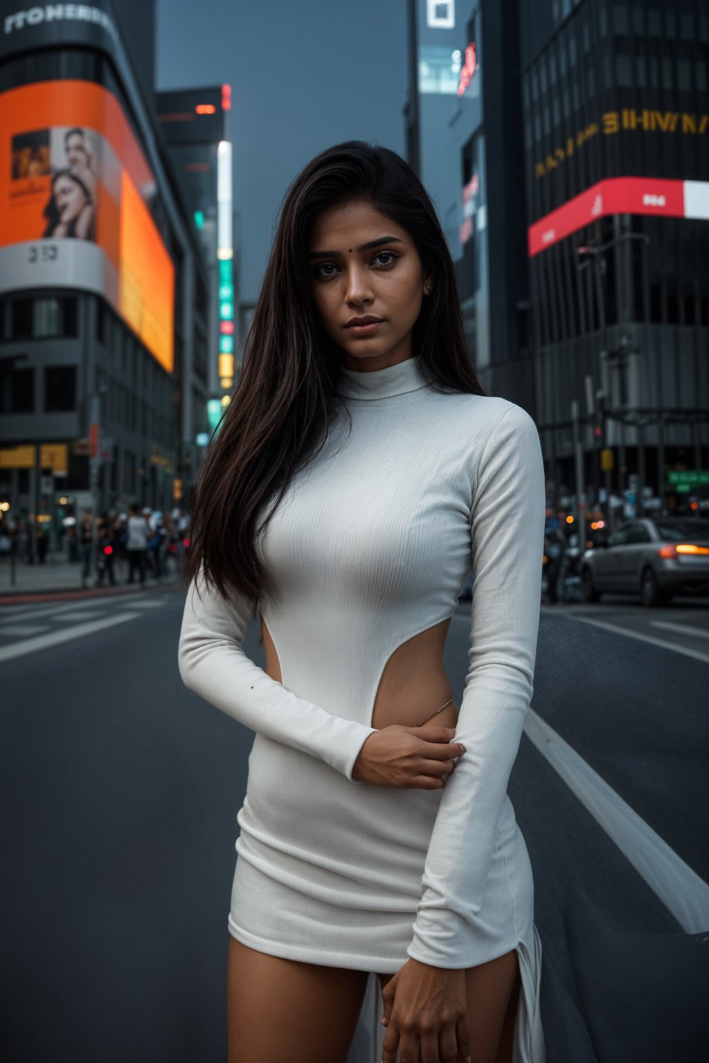 stylish and chic  woman in Tokyo wearing a futuristic outfit, Shibuya crossing in the background