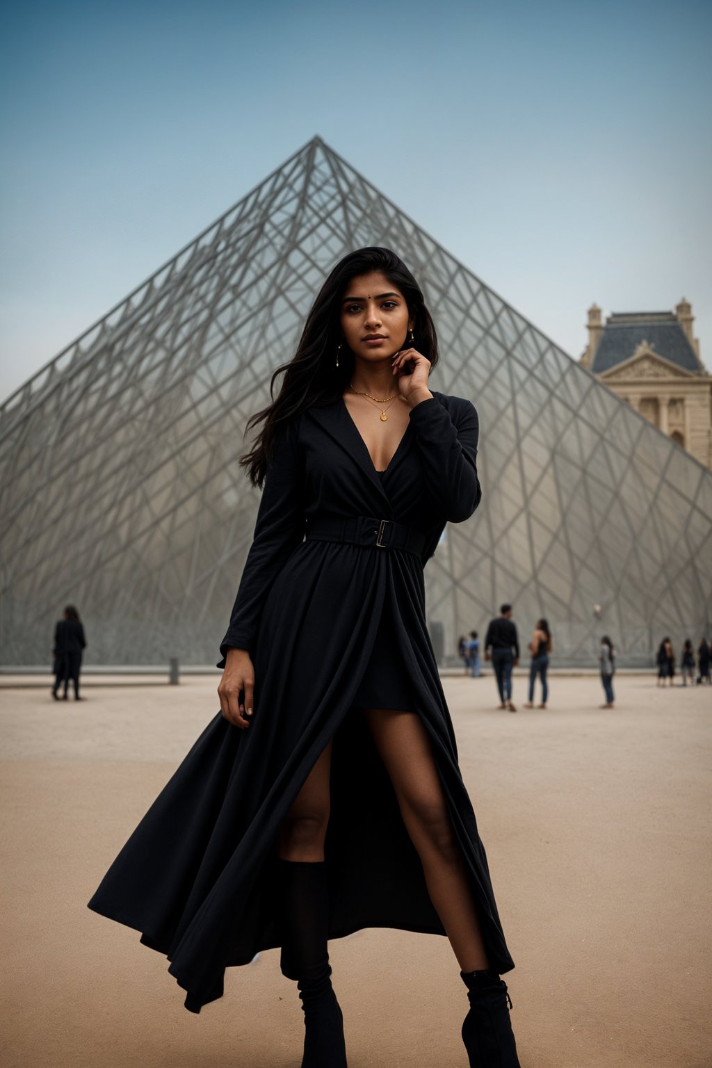 stylish and chic  woman in Paris wearing a chic black dress/suit, Louvre pyramid in the background