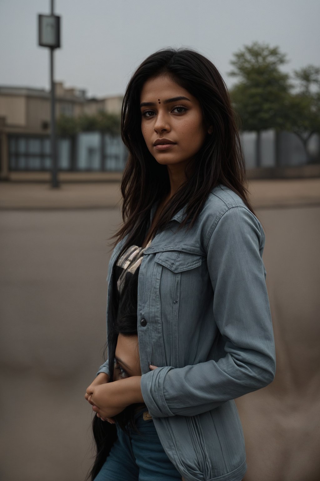 stylish and chic  woman in Berlin wearing a grunge-inspired outfit, Berlin Wall in the background