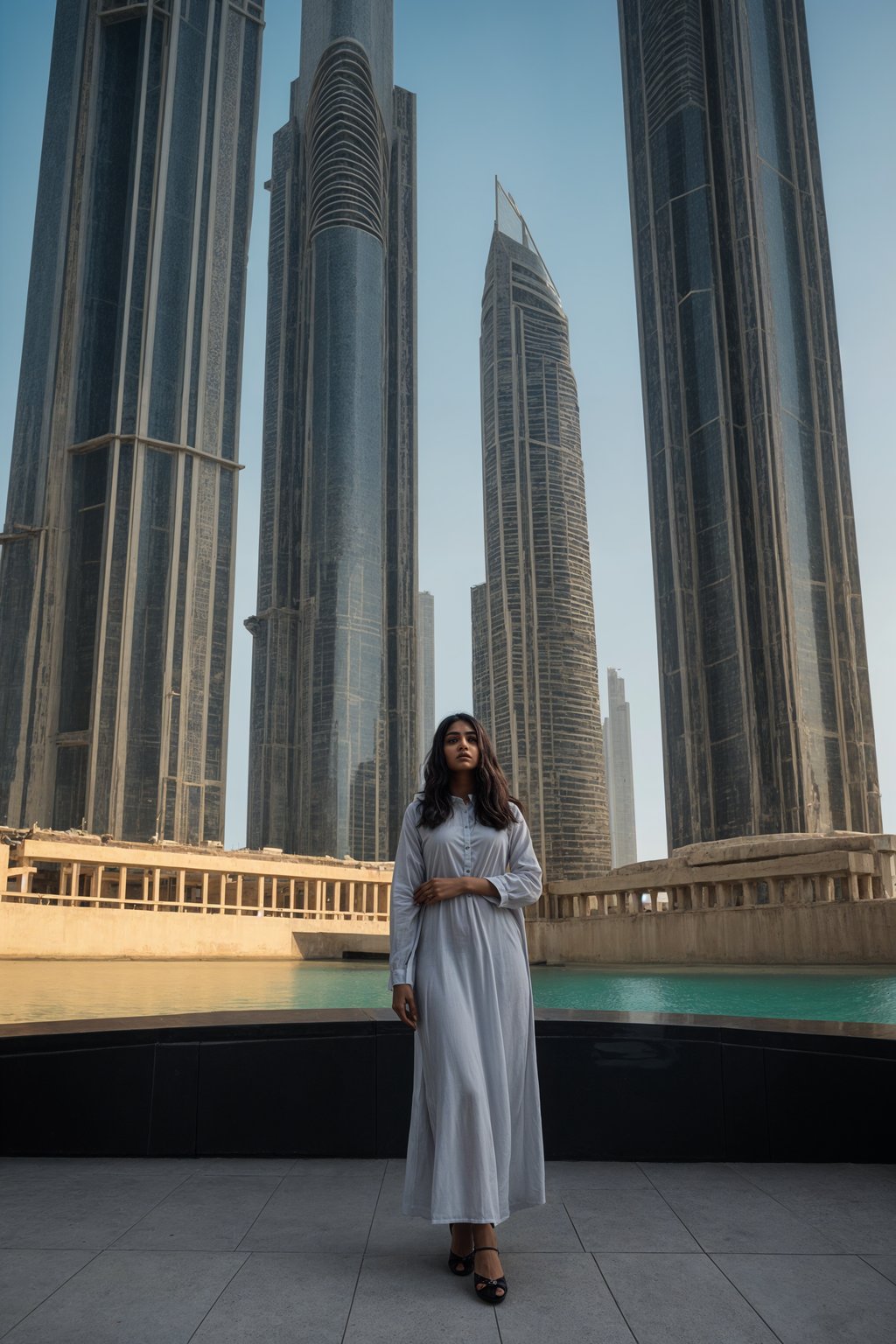 stylish and chic  woman in Dubai wearing a modern, chic abaya/thobe, skyscrapers of Dubai in the background