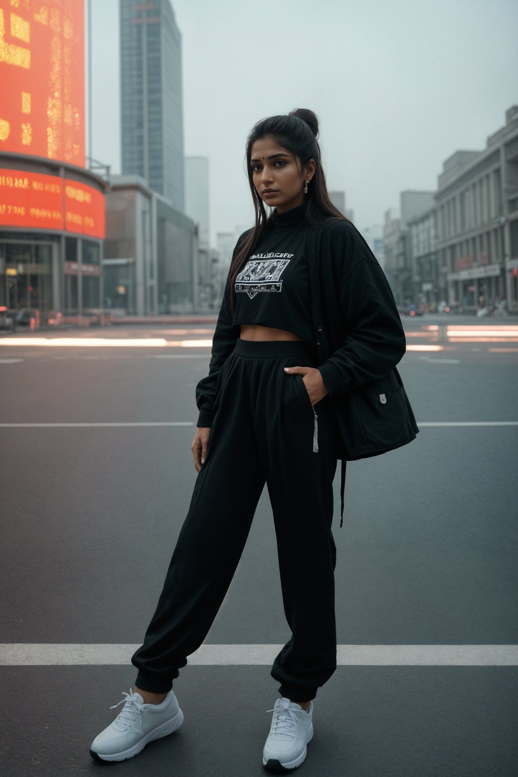 stylish and chic  woman in Shanghai wearing a contemporary streetwear outfit, Nanjing Road in the background