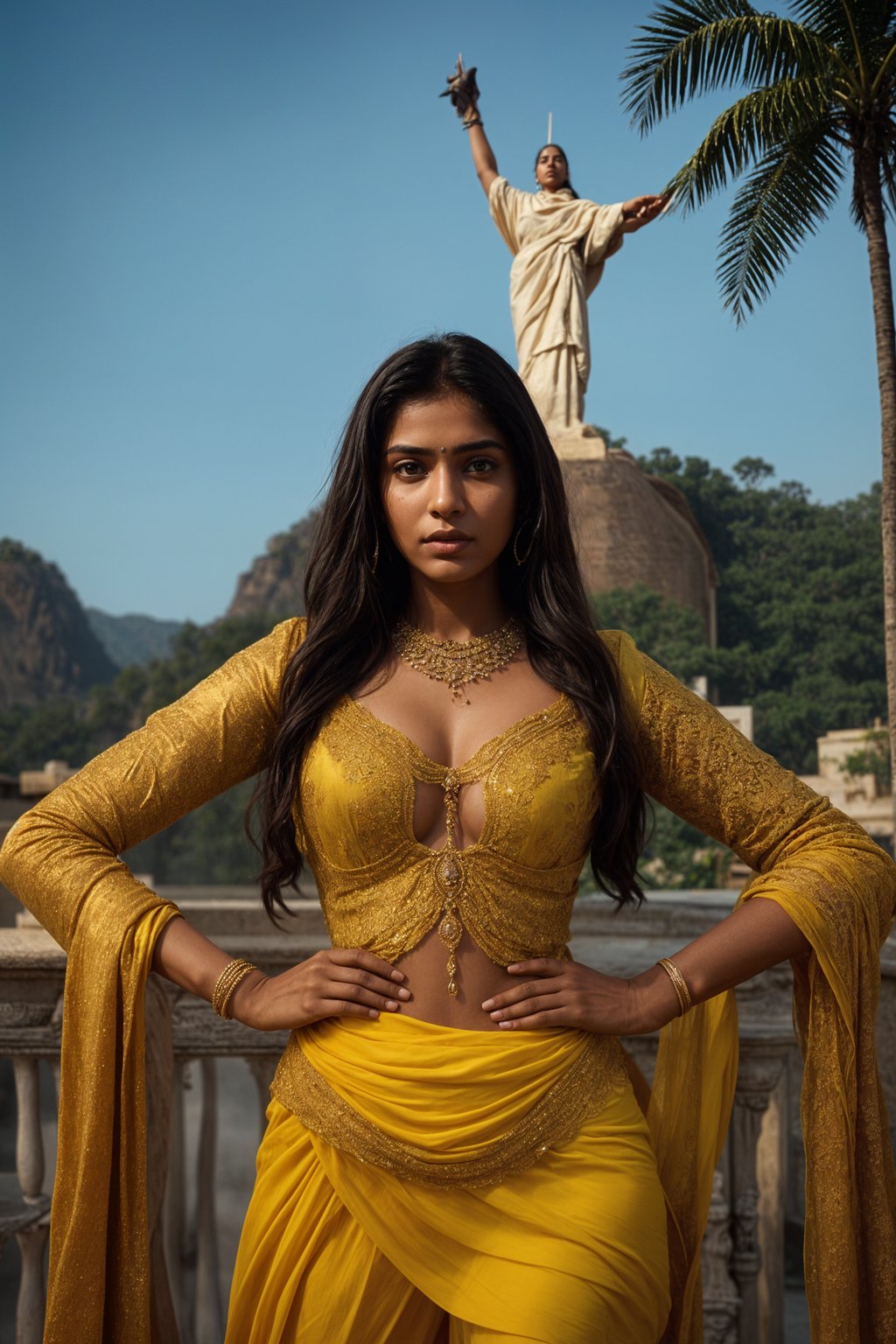 stylish and chic  woman in Rio de Janeiro wearing a vibrant carnival-inspired costume, Christ the Redeemer statue in the background