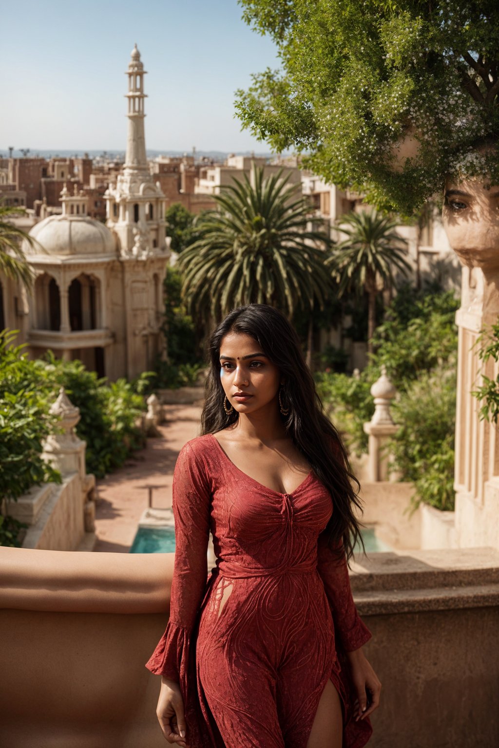 stylish and chic  woman in Barcelona wearing a flamenco-inspired dress/suit, Park Güell in the background