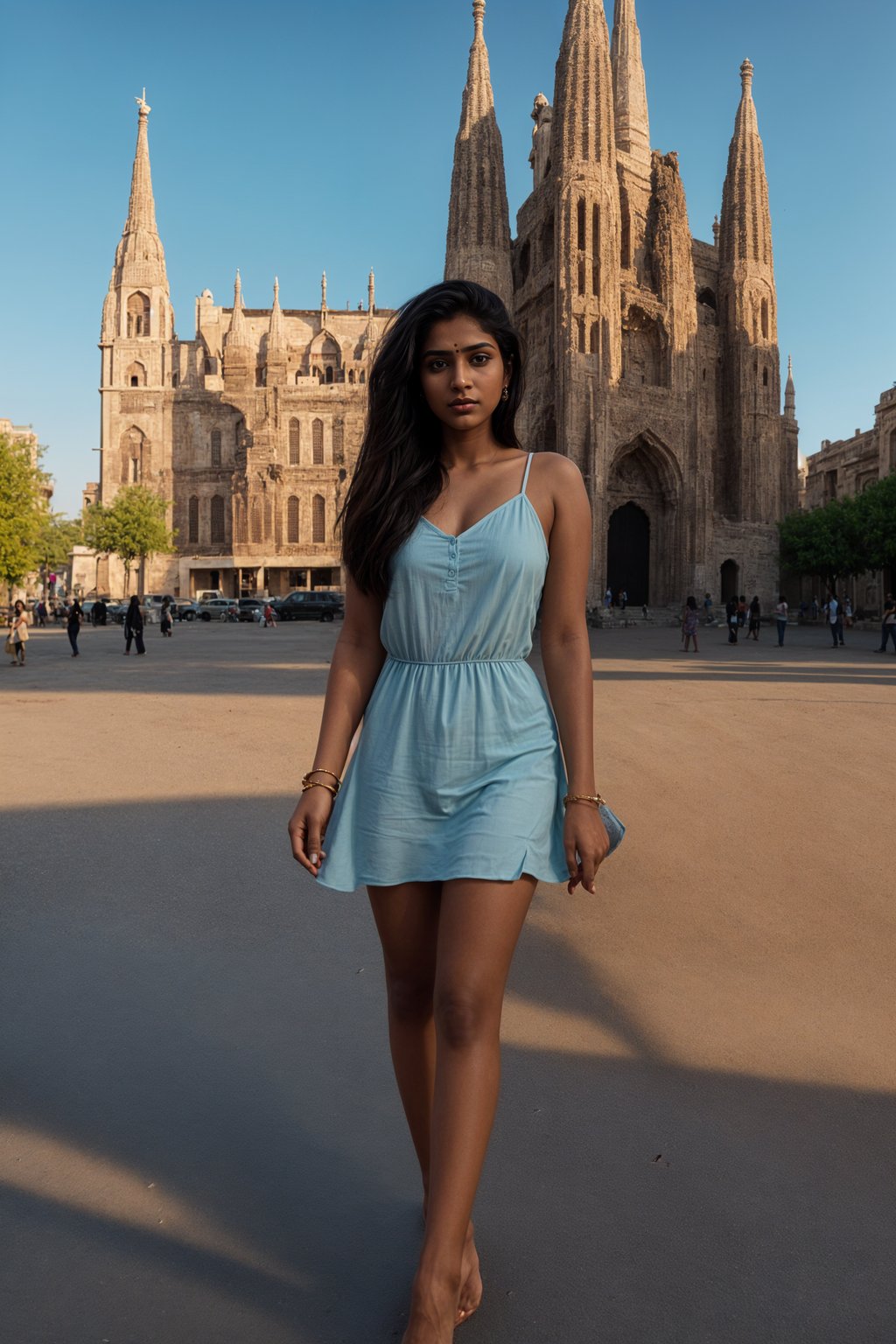 stylish and chic  woman in Barcelona wearing a stylish summer outfit, La Sagrada Família in the background