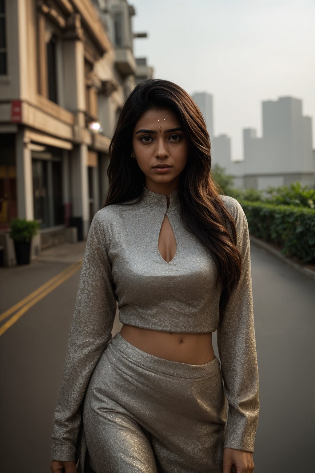 stylish and chic  woman in Mumbai wearing a contemporary fusion outfit, bustling streets of Mumbai in the background