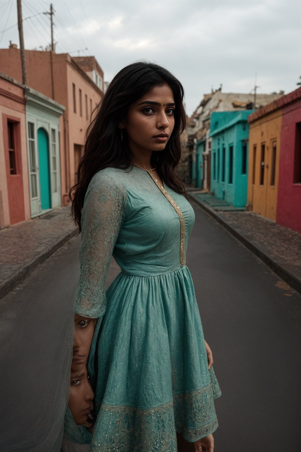 stylish and chic  woman in Buenos Aires wearing a tango-inspired dress/suit, colorful houses of La Boca neighborhood in the background