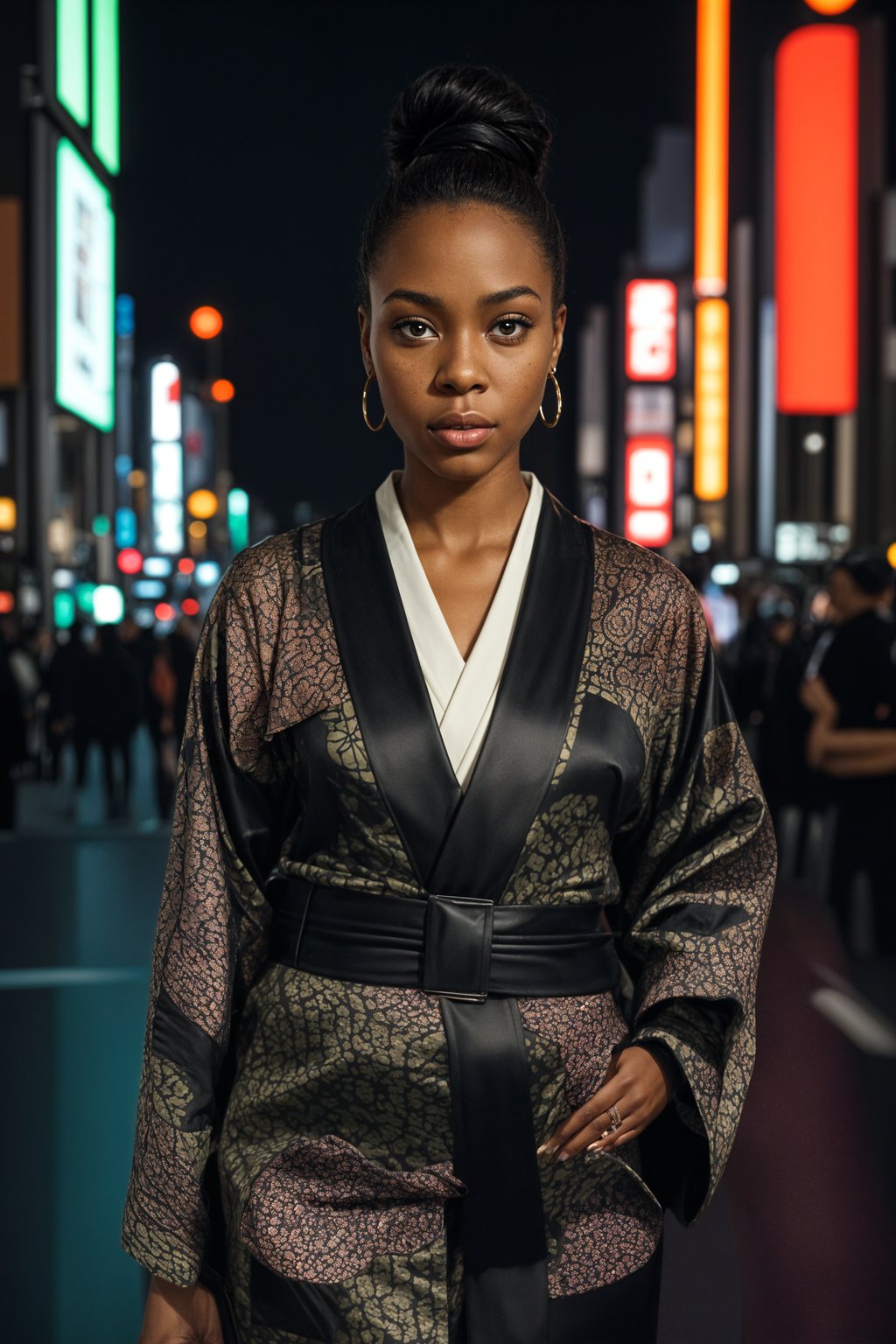 stylish and chic  woman in Tokyo wearing a modern take on a traditional kimono, neon lights of the city in the background