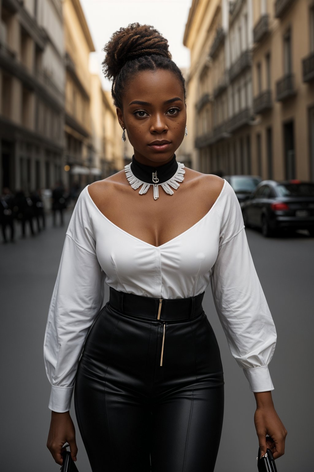 stylish and chic  woman in Milan wearing high fashion attire in front of a classic Italian café