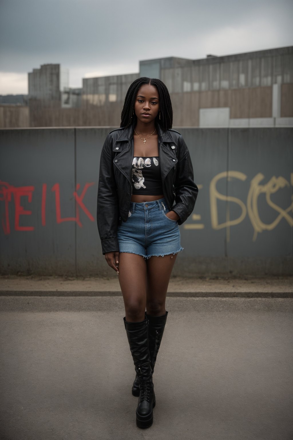 stylish and chic  woman in Berlin wearing a grunge-inspired outfit, Berlin Wall in the background