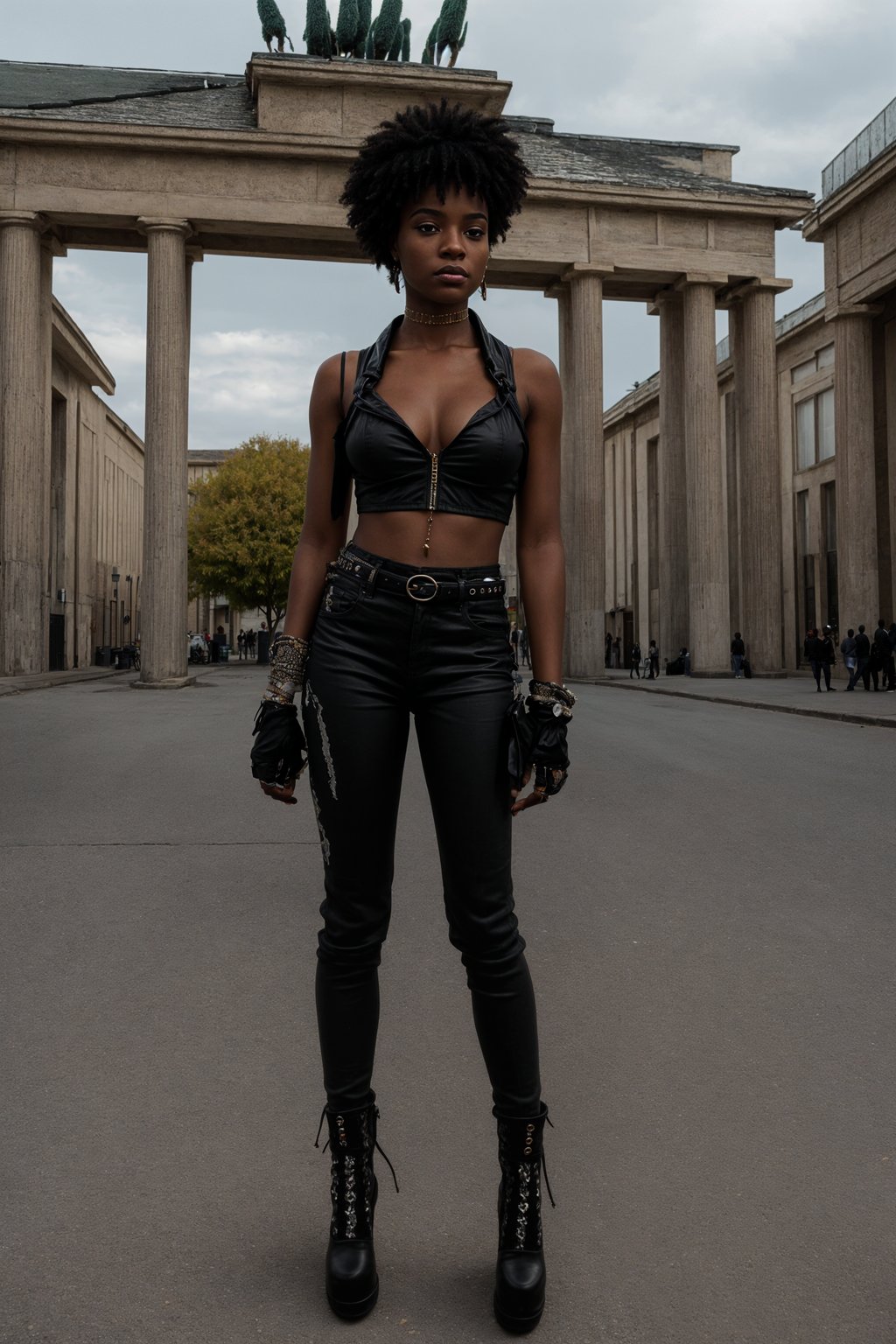 stylish and chic  woman in Berlin wearing a punk-inspired outfit, Brandenburg Gate in the background