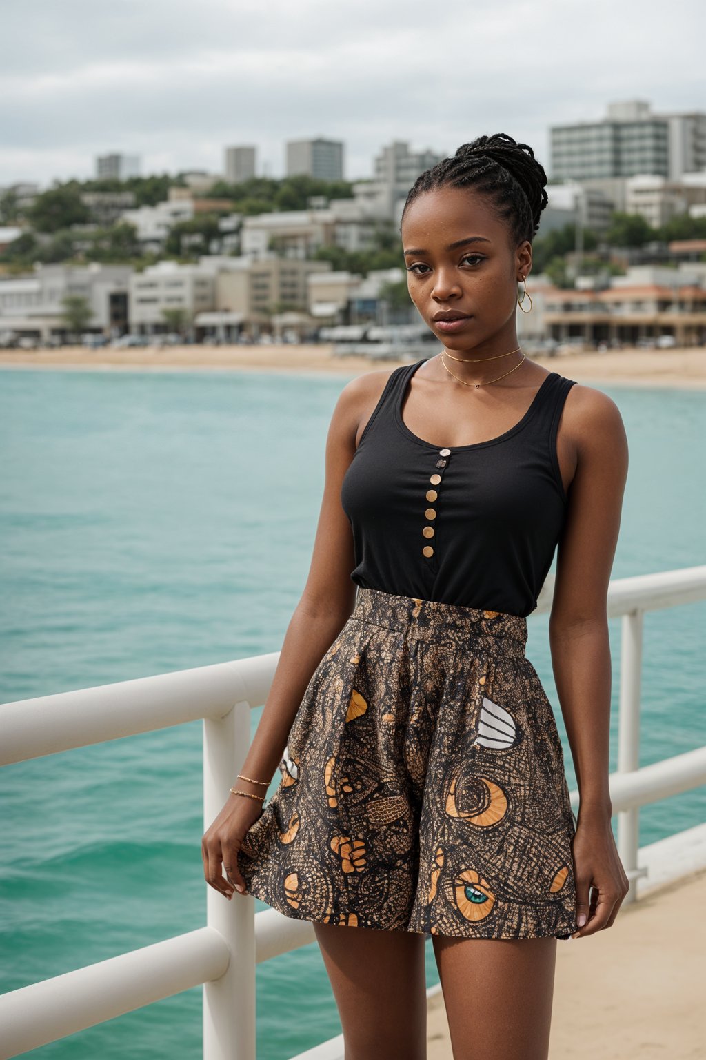 stylish and chic  woman in Sydney wearing a summer dress/shorts and t-shirt, Bondi Beach in the background