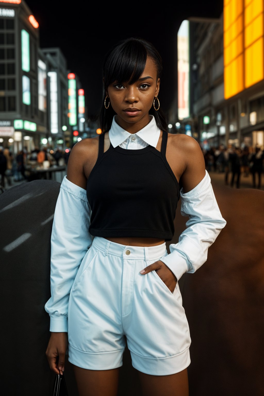 stylish and chic  woman in Shanghai wearing a contemporary streetwear outfit, Nanjing Road in the background