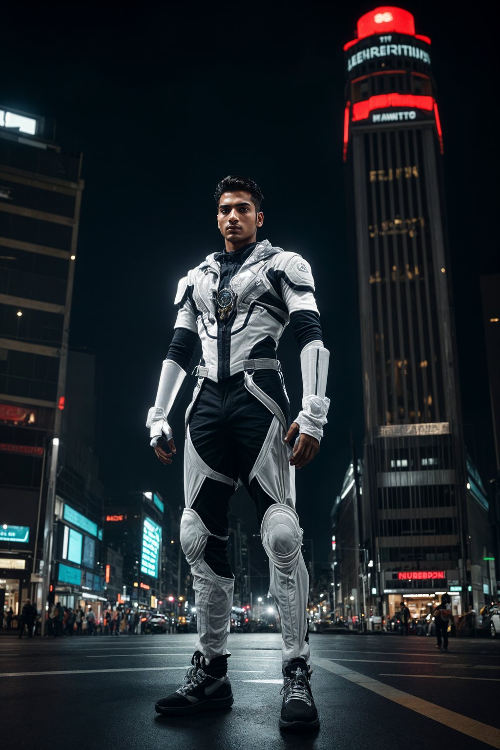 sharp and trendy man in Tokyo wearing a futuristic outfit, Shibuya crossing in the background