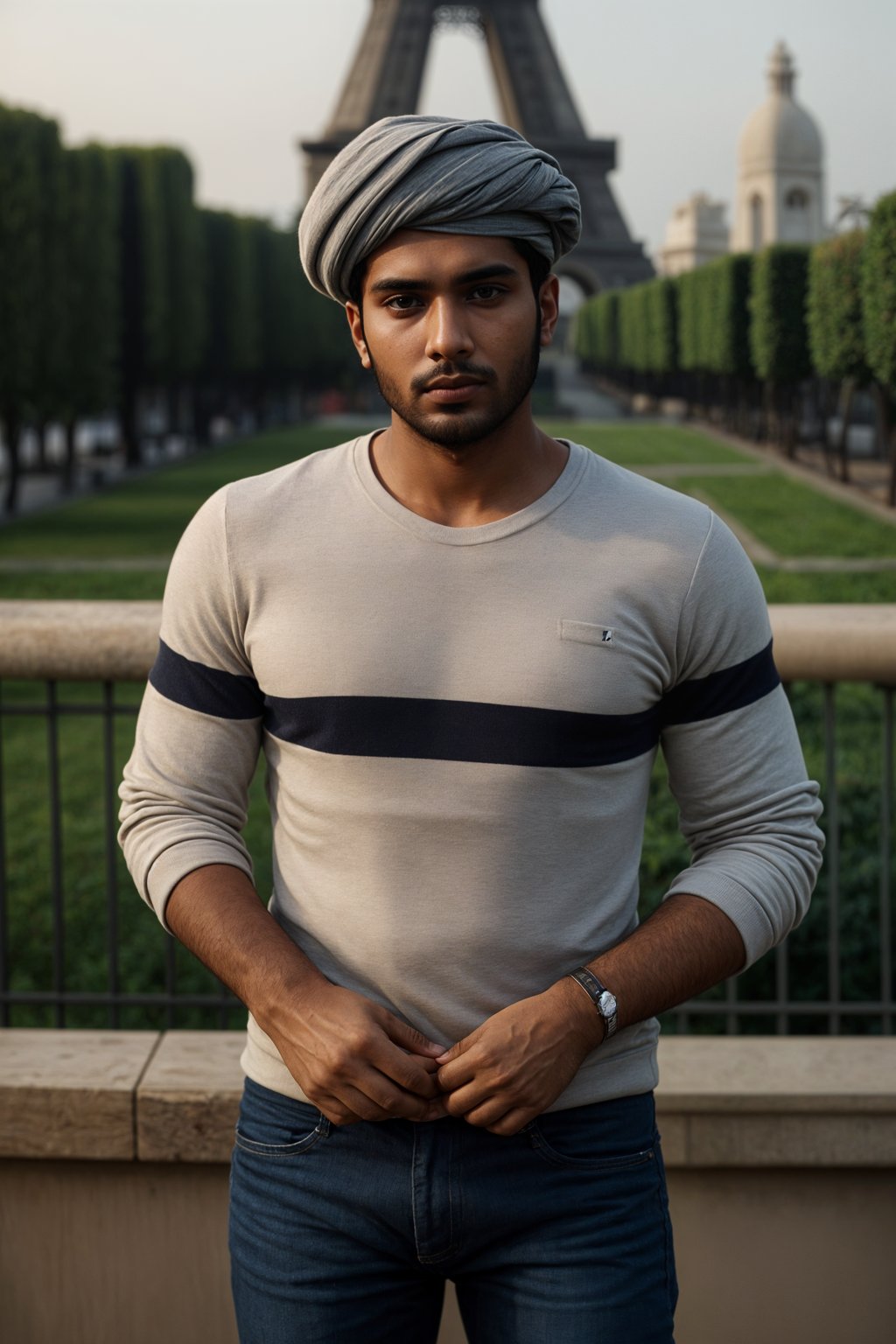 sharp and trendy man in Paris, wearing a beret and striped top, Eiffel Tower in the background