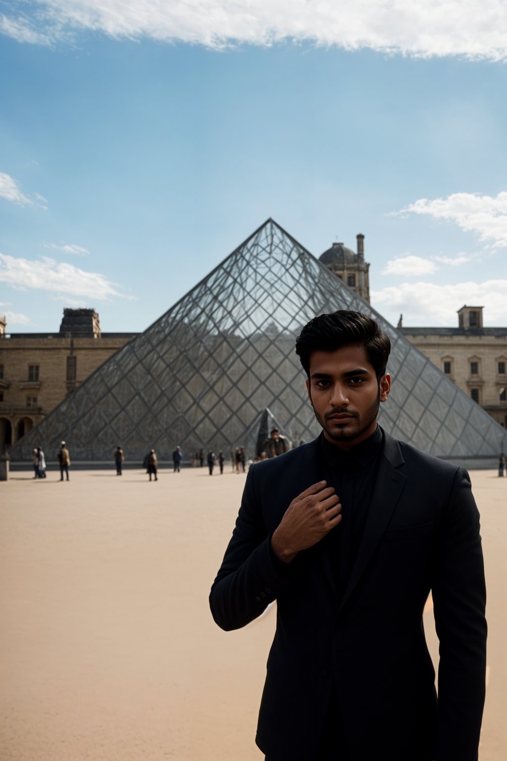 sharp and trendy man in Paris wearing a chic black dress/suit, Louvre pyramid in the background