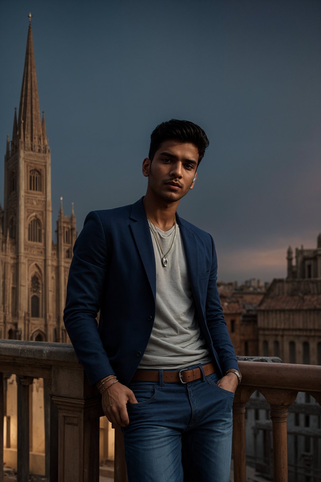 sharp and trendy man in Milan wearing a fashionable blazer and jeans, Duomo di Milano in the background