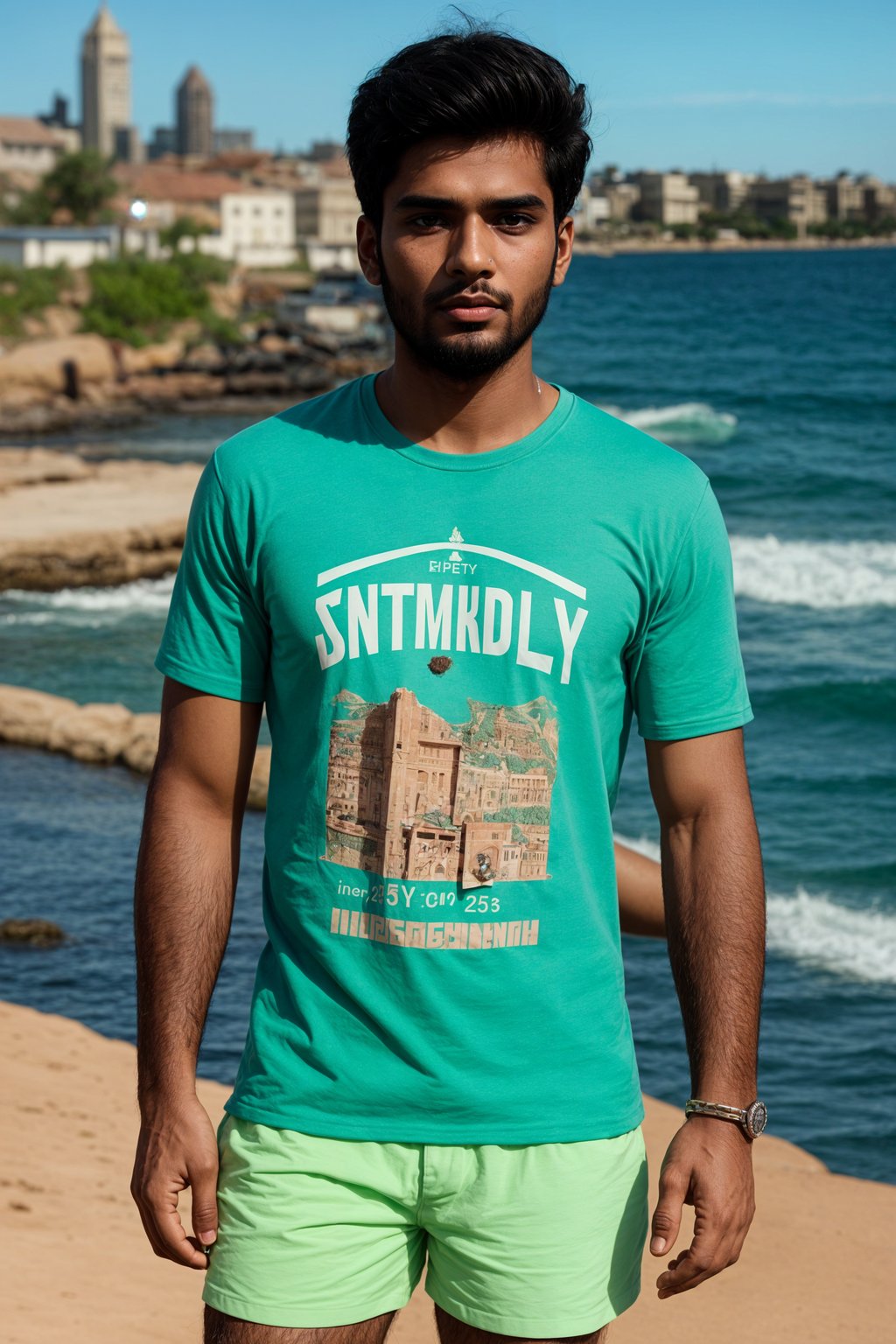 sharp and trendy man in Sydney wearing a summer dress/shorts and t-shirt, Bondi Beach in the background