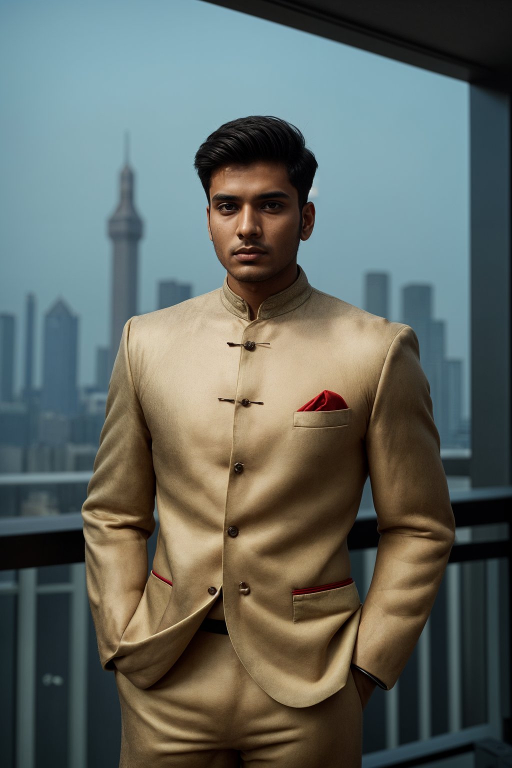 sharp and trendy man in Shanghai wearing a traditional qipao/mandarin-collar suit, modern skyline in the background