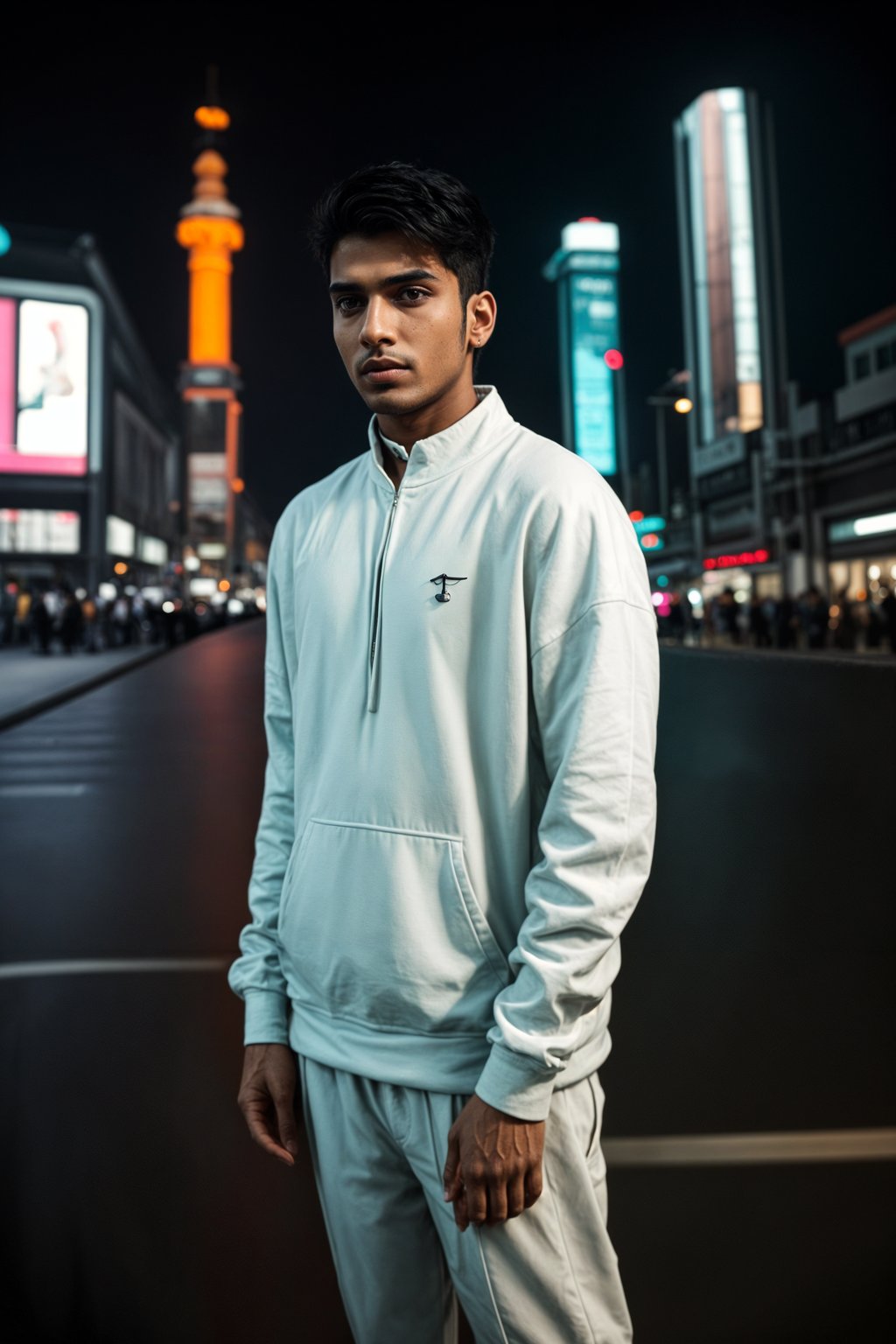 sharp and trendy man in Shanghai wearing a contemporary streetwear outfit, Nanjing Road in the background