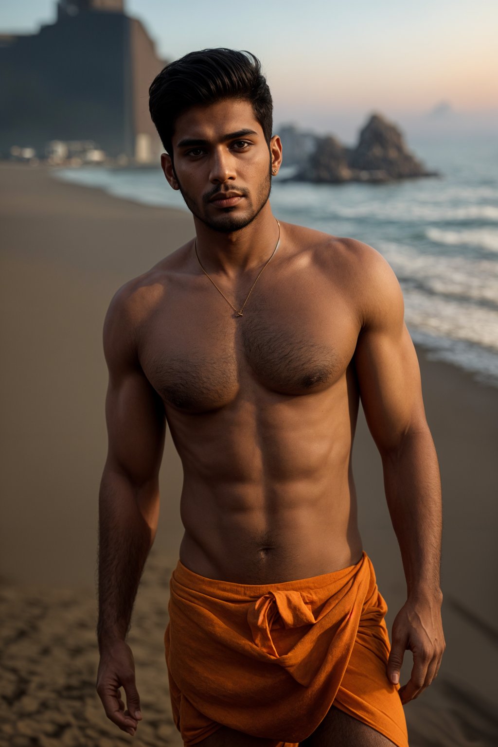 sharp and trendy man in Rio de Janeiro wearing a trendy swimsuit and sarong, Copacabana Beach in the background