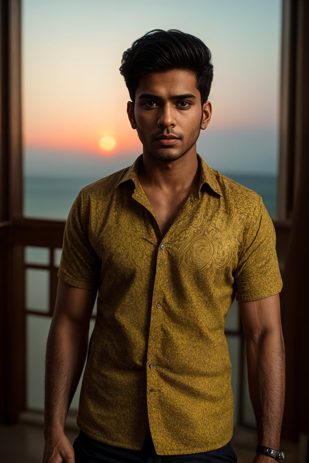 sharp and trendy man in Bali wearing vibrant Batik clothes, Bali, Indonesia in the background