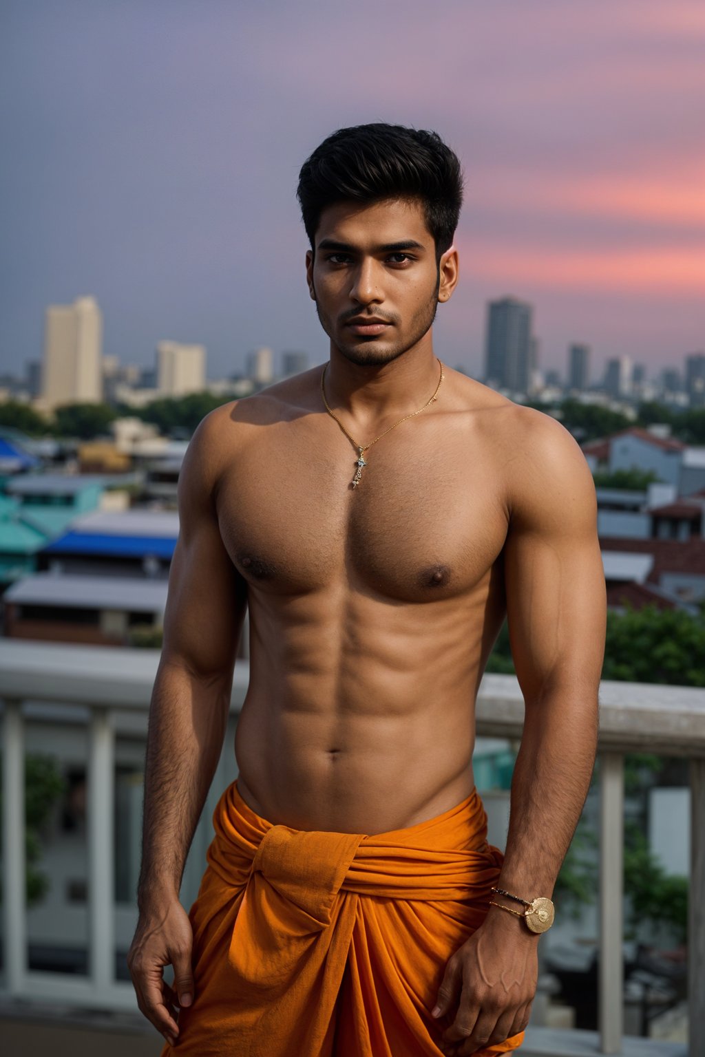 sharp and trendy man in Thailand wearing a vibrant sarong, Bangkok in the background