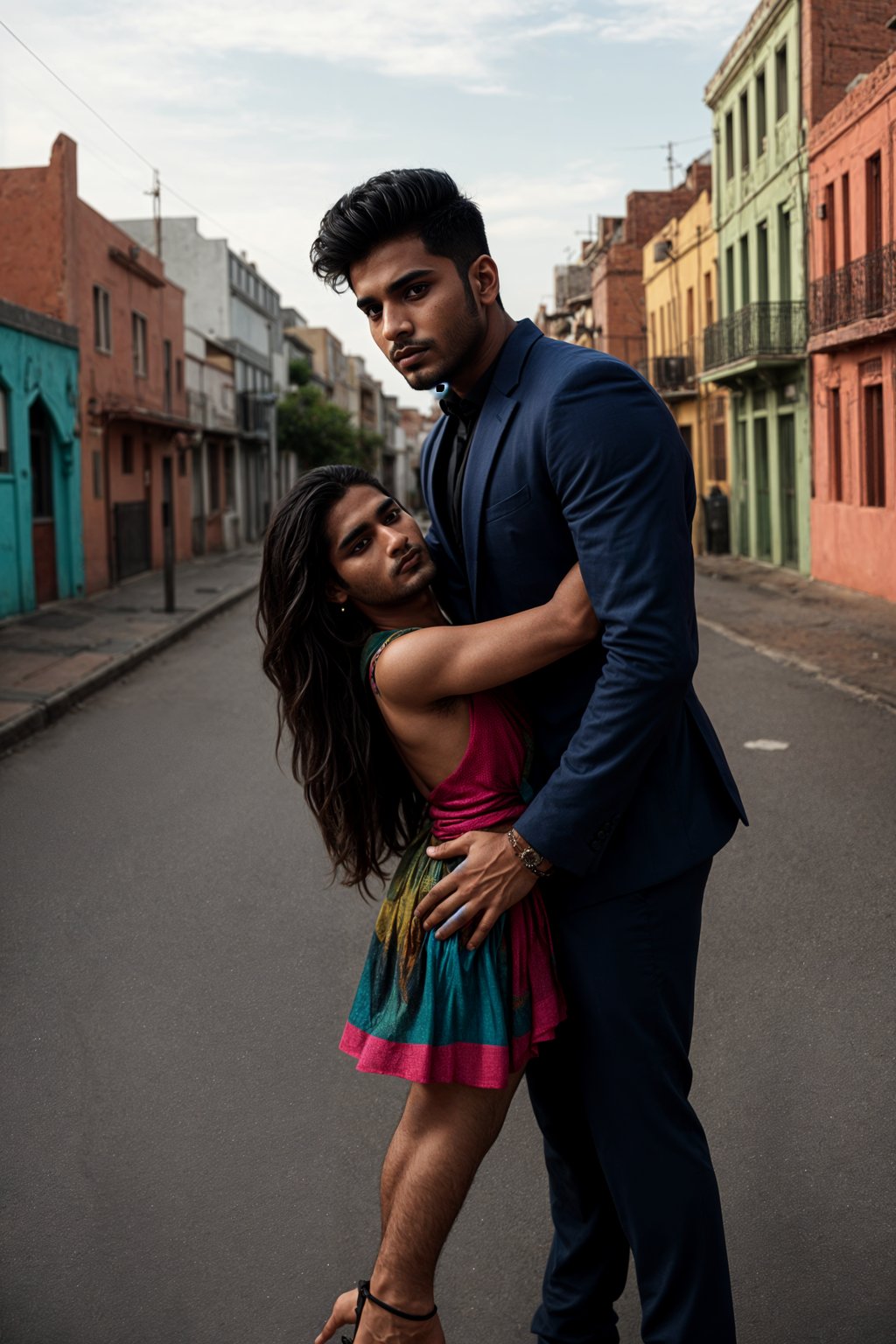 sharp and trendy man in Buenos Aires wearing a tango-inspired dress/suit, colorful houses of La Boca neighborhood in the background