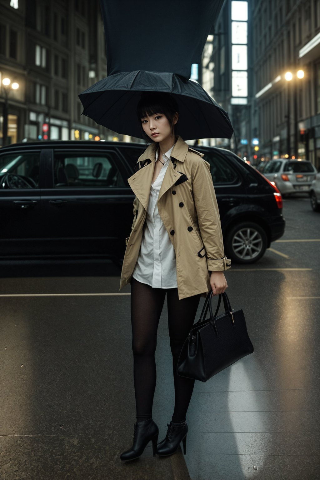 stylish and chic  woman in London sporting a trench coat and holding an umbrella, iconic London cab in the background