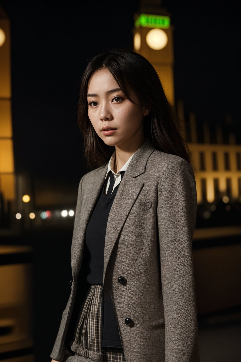 stylish and chic  woman in London wearing a checkered suit, Big Ben in the background