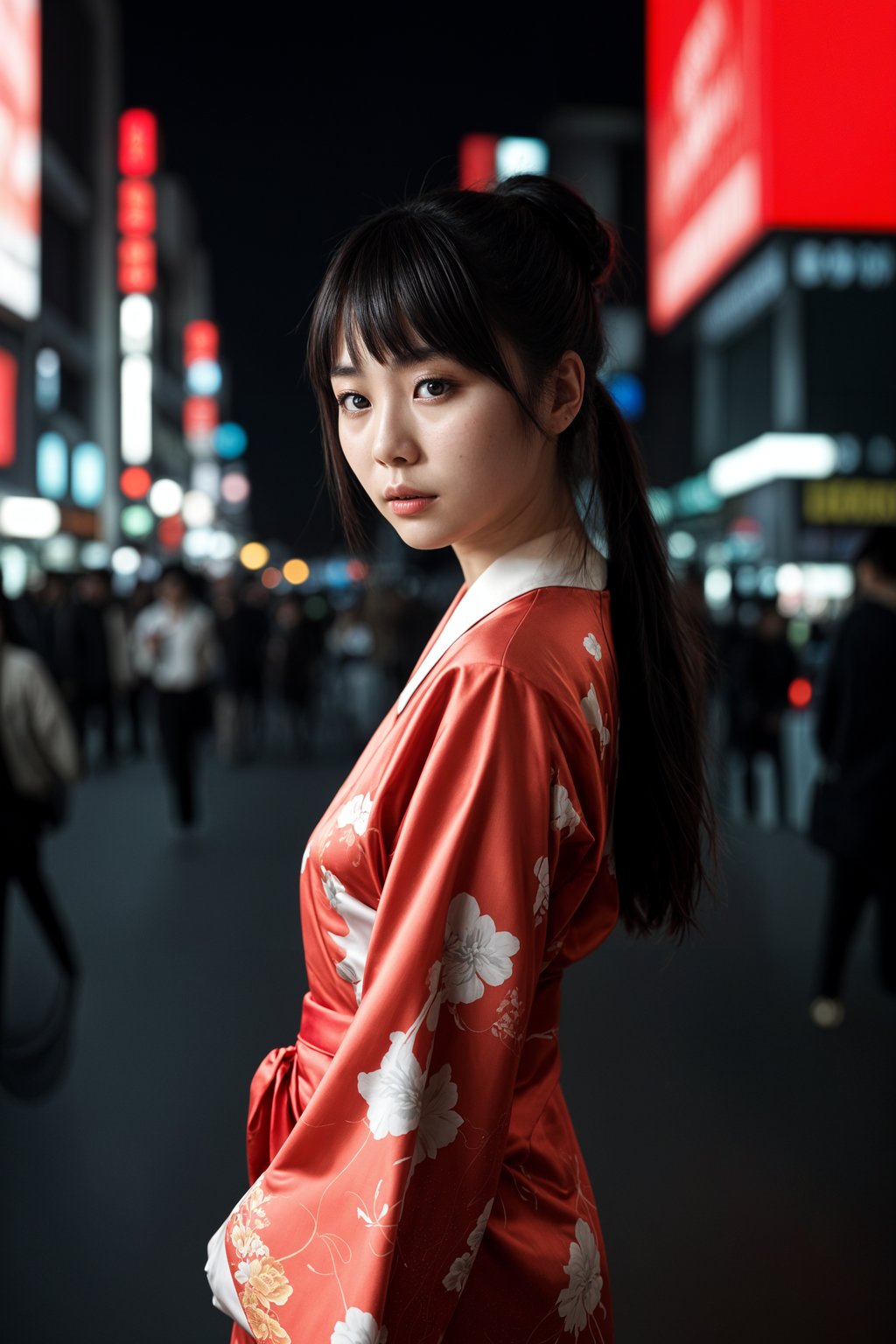 stylish and chic  woman in Tokyo wearing a modern take on a traditional kimono, neon lights of the city in the background