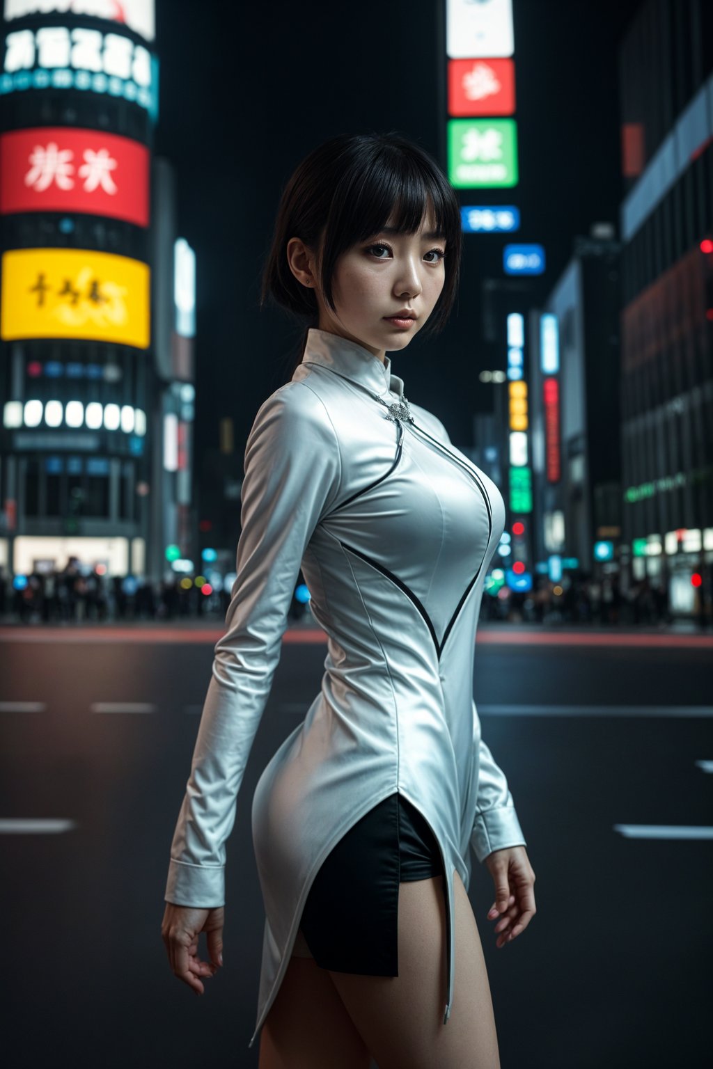 stylish and chic  woman in Tokyo wearing a futuristic outfit, Shibuya crossing in the background