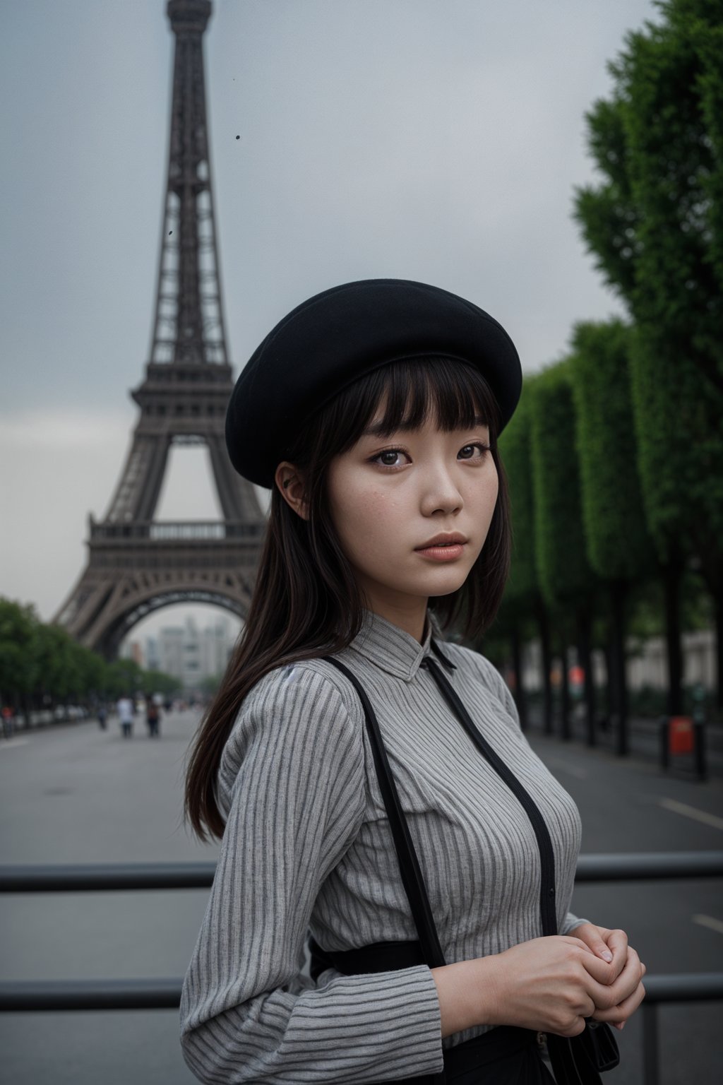 stylish and chic  woman in Paris, wearing a beret and striped top, Eiffel Tower in the background